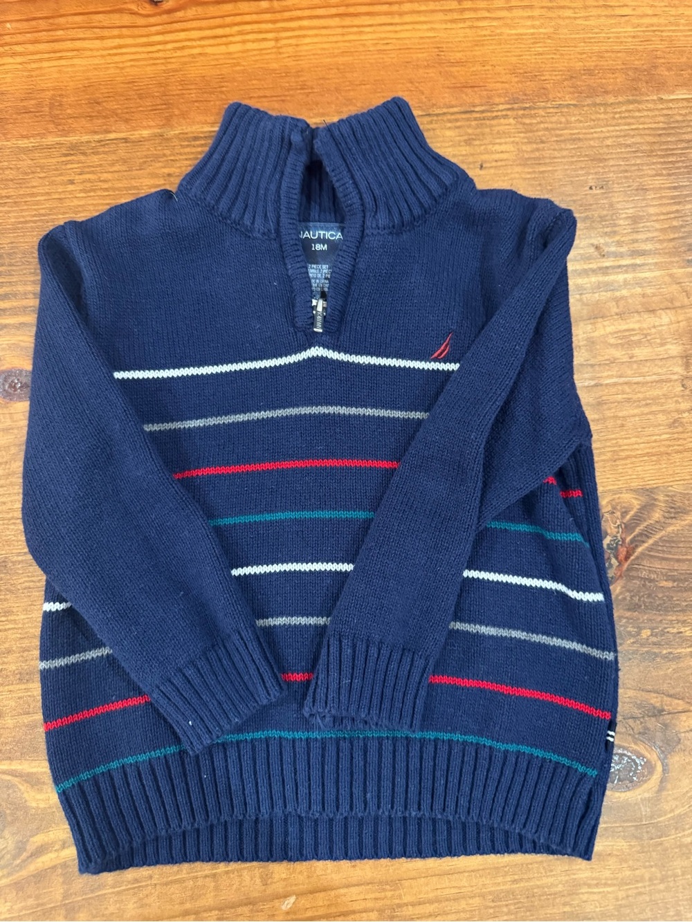 Nautica Navy Zip-Front Knit Sweater with Multi-Color Stripes - 18 months